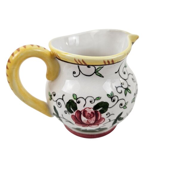 Vintage Early Provincial Hand Painted Ceramic Creamer Pitcher Roosters Roses - Picture 3 of 10